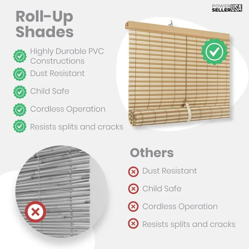 PowerSellerUSA Light Filtering Cordless Rollup Window Blinds, 72L x 48W Inches